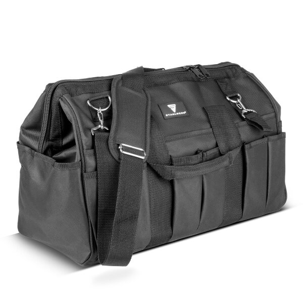 STAHLWERK Werkzeugtasche | 15 Außen- und 6 Innenfächer | Weitöffnende Installateur-Tasche | Tragbarer Werkzeugkoffer | Montagetasche mit Doppelgriff und Gurt | Strapazierfähiges Polyester-Gewebe