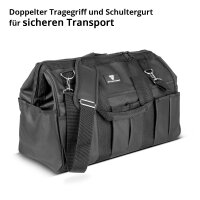 STAHLWERK Werkzeugtasche | 15 Außen- und 6 Innenfächer | Weitöffnende Installateur-Tasche | Tragbarer Werkzeugkoffer | Montagetasche mit Doppelgriff und Gurt | Strapazierfähiges Polyester-Gewebe