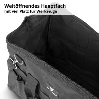 STAHLWERK Werkzeugtasche | 15 Außen- und 6 Innenfächer | Weitöffnende Installateur-Tasche | Tragbarer Werkzeugkoffer | Montagetasche mit Doppelgriff und Gurt | Strapazierfähiges Polyester-Gewebe