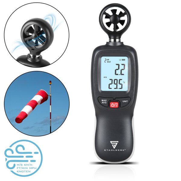 STAHLWERK Anemometer | Kompakter Luftgeschwindigkeitsmesser 30 m/s | Windmessgerät | Luftstrommesser | Präzise Messung von Windgeschwindigkeitsdaten | Digitales Lufttemperaturmessgerät mit LCD-Display