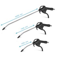 STAHLWERK Set di 3 pistole di soffiaggio ad aria compressa | Lunghezze ugelli 100, 150 e 300 mm | Pressione di esercizio 6 bar | Attacco 1/4" | Pistola di pulizia ad aria compressa ergonomica