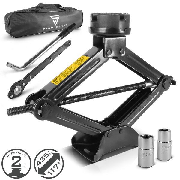 STAHLWERK SWH-2 ST tunkki | saksitunkki | 2 tonnin nostokapasiteetti | teleskooppinen pyöränmutteriavain | kaksoispistorasiat (17/19 mm, 21/23 mm) | laukku | tunkkisarja renkaiden vaihtoon ja korjaamoon.