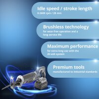 STAHLWERK BRS-20 ST borstelloze snoerloze reciprozaag | 20 volt universele zaag | 4 Ah Li Ion accu | 20 reservemessen (10 x hout, 10 x metaal) | snelspanboorhouder | slaglengte 28 mm | 0-2.600 tpm
