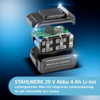 STAHLWERK Brushless-Akku-S&auml;bels&auml;ge BRS-20 ST | 20 Volt Universals&auml;ge | 4 Ah Li Ion Akku | 40 Ersatzbl&auml;tter (20 x Holz, 20 x Metall) | Schnellspannfutter | Hubl&auml;nge 28 mm | 0-2.600 U/min