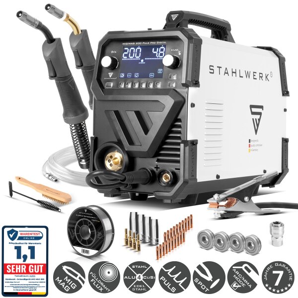 STAHLWERK MIG MAG 200 Puls Pro Digital Alu-Set | Schutzgas-Schweißgerät | IGBT Inverter 200 A | Synergischer Drahtvorschub | 4-Rollen-Antrieb, FLUX, Lift-TIG, MMA, CuSi, MIG-Puls für Alu