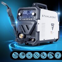 STAHLWERK MIG MAG 200 Puls Pro Digital Alu-Set | Gasbeskyttet lysbuesvejser | IGBT Inverter 200 A | Synergisk trådfremføring | 4-rullers drev, FLUX, Lift-TIG, MMA, CuSi, MIG-Pulse til aluminium