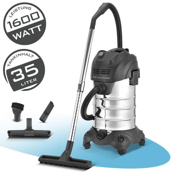 STAHLWERK Nass- und Trockensauger VCL-1600 ST | 1600 W Industriesauger mit 35 l Edelstahlbehälter | Blasfunktion und Sicherheitsabschaltung | Umfangreiches Zubehörpaket | Robuster Werkstattsauger