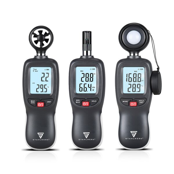 STAHLWERK 3-part measuring device set with anemometer, thermo-hygrometer and luxmeter | Perfect measurement of air speed, temperature, humidity and illuminance