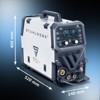 STAHLWERK CTM-250 Puls Pro Soldadora combinada 6 en 1 con 200 A | totalmente equipada | cortadora de plasma de 45 A | función de pulsos | alimentador de hilo sinérgico | TIG | MIG MAG | PULS | MMA | FLUX