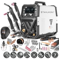 STAHLWERK CTM-250 Puls Pro Soldadora combinada 6 en 1 con 200 A | totalmente equipada | cortadora de plasma de 45 A | función de pulsos | alimentador de hilo sinérgico | TIG | MIG MAG | PULS | MMA | FLUX