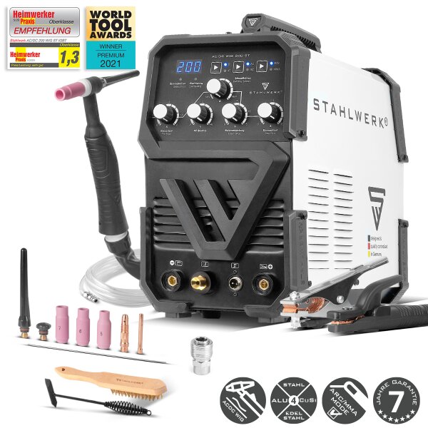 STAHLWERK AC/DC TIG 200 ST | Soldadora TIG con 200 A | Combi inverter AC/DC TIG y MMA/E-Hand | Ignición HF | Hotstart y anti-stick | Modo 2T y 4T | Smart cooling