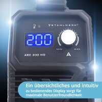 STAHLWERK ARC 200 MD Elektroden-Schwei&szlig;ger&auml;t DC MMA, E-Hand, Lift-TIG Welder | Stufenlos regelbar | Echte 200 Ampere | Sehr kompakt und leicht | Hot-Start, Anti-Stick, Smart-K&uuml;hlung | IGBT-Technologie