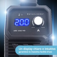 STAHLWERK Saldatrice ad elettrodo ARC 200 MD Saldatrice DC MMA, MMA, Lift-TIG | Variabile in continuo | 200 ampere reali | Molto compatta e leggera | Avviamento a caldo, antiaderente, raffreddamento intelligente | Tecnologia IGBT