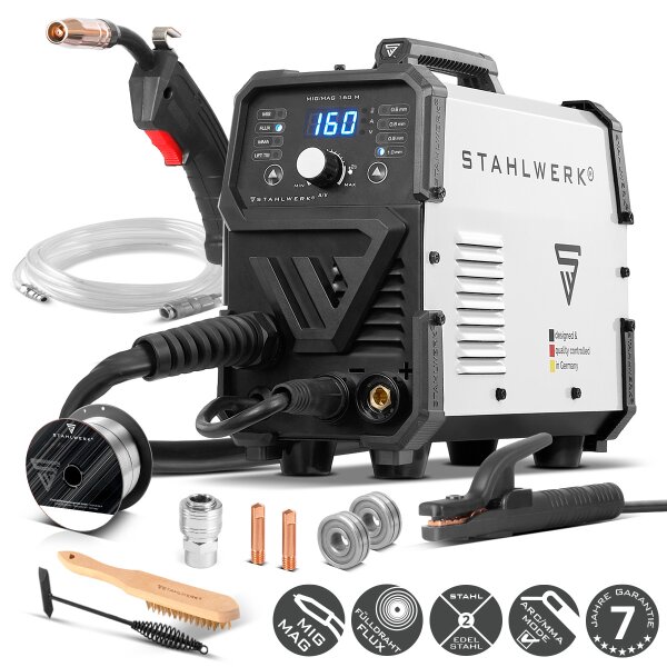 STAHLWERK MIG/MAG 160 M Schweißgerät Vollsynergisches 5 in 1 Kombigerät mit echten 160 Ampere und 2 Rollen Antrieb / Fülldraht, MIG MAG, ARC MMA, Lift TIG