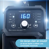 STAHLWERK MIG/MAG 160 M Poste de soudage enti&egrave;rement synergique 5 en 1 appareil combin&eacute; avec v&eacute;ritable 160 amp&egrave;res et 2 rouleaux dentra&icirc;nement / fil fourr&eacute;, MIG MAG, ARC MMA, Lift TIG