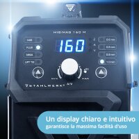 STAHLWERK Unit&agrave; di saldatura MIG/MAG 160 M Unit&agrave; combinata 5 in 1 completamente sinergica con 160 ampere originali e 2 bobine / filo animato, MIG MAG, ARC MMA, Lift TIG