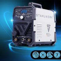 STAHLWERK DC TIG 200 ST | Saldatrice combinata 2 in 1 | TIG MMA | 200 ampere | Accensione HF, avviamento a caldo, antiaderente | Per acciaio, acciaio inox, rame, ottone | Non adatta allalluminio