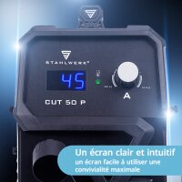 STAHLWERK D&eacute;coupeur plasma CUT 50 P | D&eacute;coupeur plasma inverter 45 A | Allumage pilote HF | Affichage num&eacute;rique | Capacit&eacute; de coupe jusqu&agrave; 15 mm | Refroidissement Smart