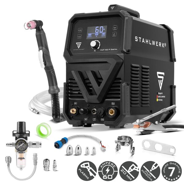 STAHLWERK plasma cutter CUT 60 P Digital | 60 A inverter plasma cutter | HF pilot ignition | digital display | THC interface for CNC | cutting capacity up to 20 mm | plasma cutter with 2T/4T function