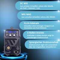 STAHLWERK MTM-200 ST 3-in-1 Schutzgas-Schweißgerät | 200 A Kombi-Inverter für WIG, MIG/MAG, MMA, FLUX, CuSi3-Löten | HF-Zündung | Synergischer Drahtvorschub | VRD und Hotstart | 2-Takt / 4-Takt Modus