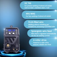 STAHLWERK MTM-200 ST 3-in-1-kaasusuojahitsauskone | 200 A kombi-invertteri TIG-, MIG/MAG-, MMA-, FLUX- ja CuSi3-juottamiseen | HF-sytytys | synerginen langansyöttö | VRD ja kuumakäynnistys | 2-tahti / 4-tahti-tila