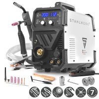 STAHLWERK MTM-200 ST Soldadora de gas 3 en 1 | 200 A combi-inverter para TIG, MIG/MAG, MMA, FLUX, soldadura CuSi3 | ignición HF | alimentación de hilo sinérgica | VRD y arranque en caliente | modo 2 tiempos / 4 tiempos