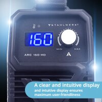 STAHLWERK ARC 160 MD electrode welding machine DC MMA, MMA, Lift-TIG Welder | Infinitely variable | True 160 amps | Very compact and lightweight | Hot-start, anti-stick, smart cooling | IGBT technology
