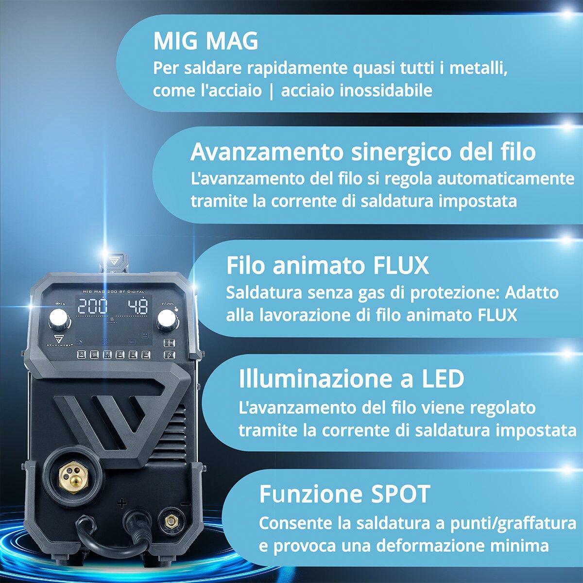 STAHLWERK Saldatrice Mini FLUX 140 ST Digital – FLUX, TIG, MMA, 140A, Avanzamento Sinergico, LED - copertina