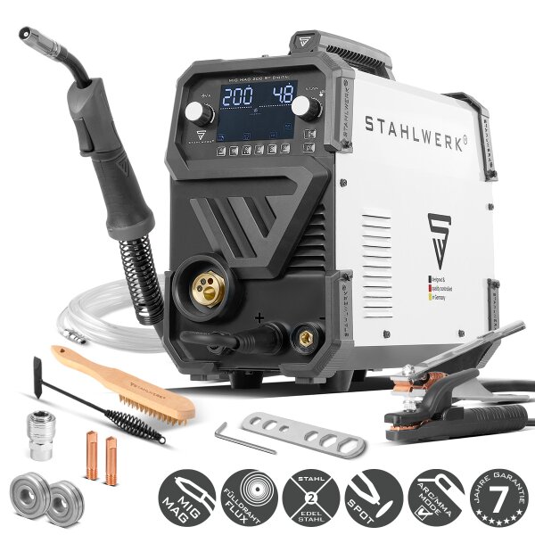 STAHLWERK Schweißgerät MIG MAG 200 ST Digital Schutzgas-Schweißgerät | Inverter mit 200 A, Spot-Funktion, synergischem Drahtvorschub, FLUX und MMA | ARC Funktion