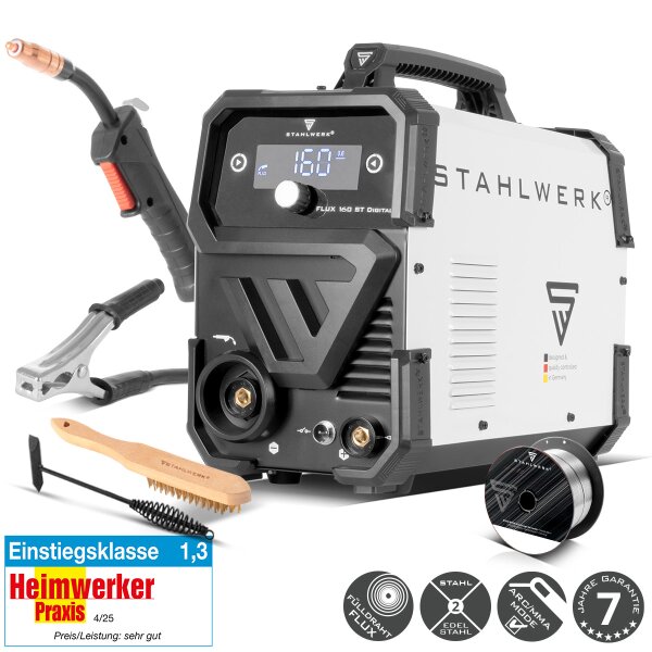 STAHLWERK FLUX 160 ST Digital | 3-in-1 Fülldraht-Inverter 160 A | Schweißgerät für FLUX, MMA, Lift-TIG | Synergischer Drahtvorschub | Schweißen ohne Schutzgas | Digitales Display | Einfache Bedienung