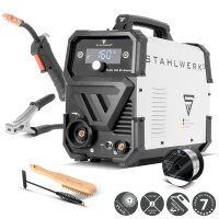 STAHLWERK FLUX 160 ST Digital | Inversor 3-en-1 para hilo tubular 160 A | Soldadora para FLUX, MMA, Lift-TIG | Alimentaci&oacute;n sin&eacute;rgica del hilo | Soldadura sin gas de protecci&oacute;n | Pantalla digital | Manejo sencillo
