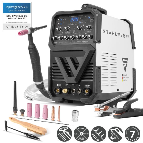 STAHLWERK AC/DC WIG 200 Puls ST | WIG-Schweißgerät mit 200 Ampere | AC/DC WIG und MMA/E-Hand Kombi-Inverter | 2T / 4T-Modus | Dünnblech geeignet | AC-Modus für Aluminium | Hotstart und Anti-Stick