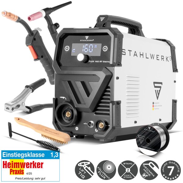 STAHLWERK FLUX 160 ST Digital | 3 en 1 Inversor de hilo tubular 160 A | Lift TIG Starter Set | WP-17V Antorcha universal Lift-Tig | Unidad de soldadura combinada para FLUX, MMA, Lift-TIG | Soldadura sin gas de protección