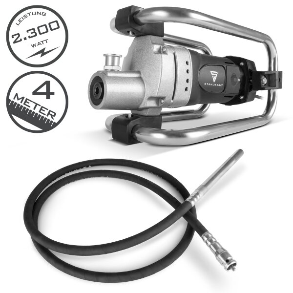 STAHLWERK BR-2300 ST Compacteur à béton | 2.300 watts avec 4.000 tr/min | Bouteille vibrante Ø 35 mm | Kit de tuyaux de 400 cm | Vibrateur à béton puissant | Tuyau vibrant pour murs, plafonds, fondations