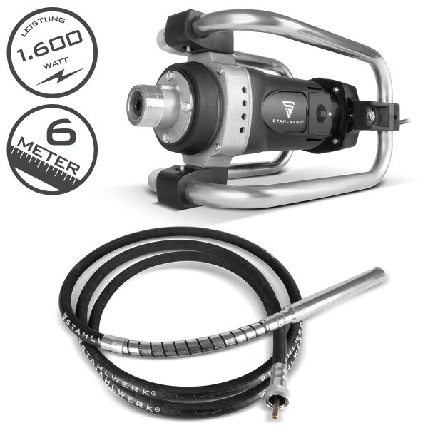 STAHLWERK BR-1600 ST Compacteur à béton | 1.600 watts avec 19.000 tr/min | Bouteille vibrante Ø 45 mm | Kit de tuyaux de 600 cm | Vibrateur à béton puissant | Tuyau vibrant pour murs, plafonds, fondations