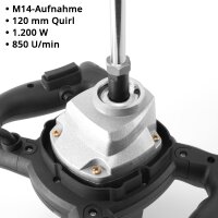 STAHLWERK Rührwerk RW-1200 ST | 1.200 W und 850 U/min | Elektrischer Mörtelrührer mit Zusatz-Quirl 120 x 600 mm | Drehzahlregelung und Sicherheitsschalter | Betonrührer | Farbrührer | Farbmischer