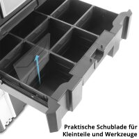 STAHLWERK Toolbox Set | 3 stapelbare Werkzeugkisten | Mobiler Werkzeug-Organizer mit Schubfach und Rollbrett | Flexibles Modul-System mit robusten Sortimentsboxen | Werkzeugtrolley