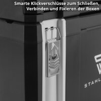 STAHLWERK Toolbox Set | 3 stapelbare Werkzeugkisten | Mobiler Werkzeug-Organizer mit Schubfach und Rollbrett | Flexibles Modul-System mit robusten Sortimentsboxen | Werkzeugtrolley