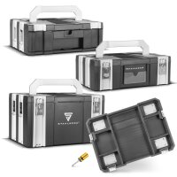 STAHLWERK Toolbox Set | 3 stapelbare Werkzeugkisten | Mobiler Werkzeug-Organizer mit Schubfach und Rollbrett | Flexibles Modul-System mit robusten Sortimentsboxen | Werkzeugtrolley