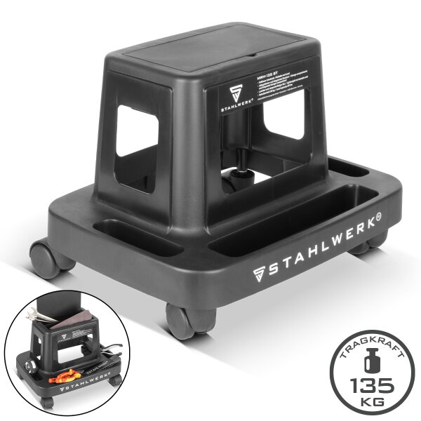 STAHLWERK werkplaatskruk MWH-135 ST | 135 kg belastbaar | Verrijdbare werkplaatsstoel met wielen en binnenvak | Lichtgewicht werkplaatsstoel | Robuuste werkplaatskruk op wieltjes met opbergvakken