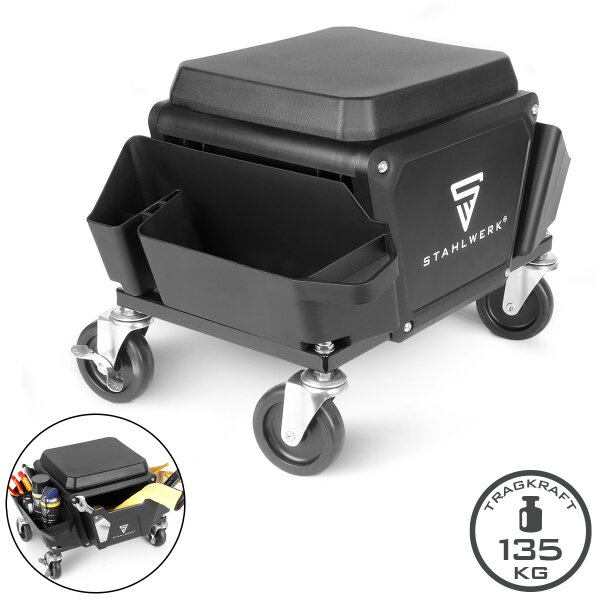 STAHLWERK werkplaatskruk MMH-135 ST | Verrijdbare werkplaatsstoel met lade en zijvakken | Monteursstoel met 4 zwenkwielen | Afneembaar zitkussen als kniebescherming | Verrijdbare werkplaatskruk