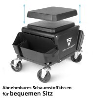 STAHLWERK werkplaatskruk MMH-135 ST | Verrijdbare werkplaatsstoel met lade en zijvakken | Monteursstoel met 4 zwenkwielen | Afneembaar zitkussen als kniebescherming | Verrijdbare werkplaatskruk