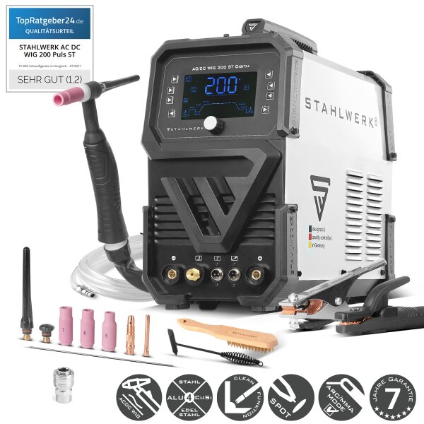 STAHLWERK AC/DC TIG 200 ST Digital welding machine | 3-in1 combination welding machine | Spot function | Integrated clean function | TIG/MMA inverter suitable for aluminum with 200 A | Remote control | Digital control panel