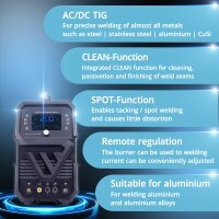 STAHLWERK AC/DC TIG 200 ST Digitaal lasapparaat | 3-in1 combinatielasapparaat | Puntfunctie | Ge&iuml;ntegreerde schoonloopfunctie | Aluminiumcompatibele TIG/MMA inverter met 200 A | Afstandsbediening | Digitaal bedieningspaneel