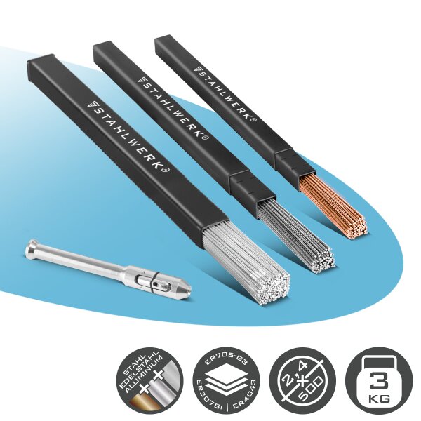 STAHLWERK TIG welding rod set with TIG pen | ER70S-G3 steel + ER307Si stainless steel + ER4043Si5 aluminum | Ø 2.4 mm x 500 mm | 1 kg pack each | welding rod holder 0.8-3.2 mm and transport boxes included