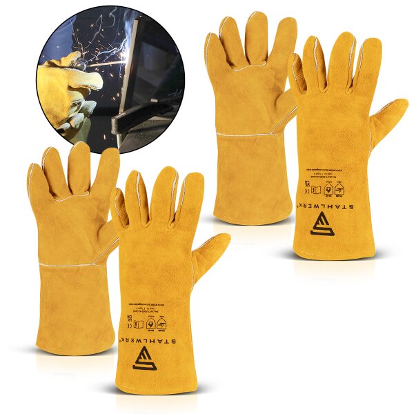 STAHLWERK Gants de soudeur, lot de 2 | Gants en cuir | Gants de travail en cuir véritable résistant | Haute résistance thermique et mécanique pour le soudage Découpe au plasma