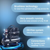 STAHLWERK ST-110 Pro kompressor med 8 bar | 1,97 hk | 1,45 kW | 250 l/min | 10 l tank oliefri luftkompressor | stempelkompressor | lydløs kompressor | hviskende kompressor med børsteløse motorer