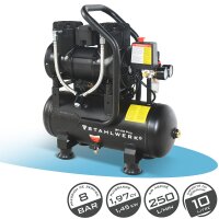 STAHLWERK Compresseur ST-110 Pro avec 8 bar | 1,97 CV | 1,45 kW | 250 l/min | Réservoir 10 l Compresseur dair sans huile | Compresseur à piston | Compresseur silencieux | Compresseur silencieux avec moteurs Brushless