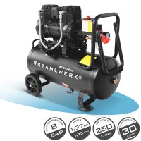 STAHLWERK ST-310 Pro compressor met 8 bar | 1,97 pk | 1,45 kW | 250 l/min | 30 L tank olievrije compressor | zuigercompressor | stille compressor | fluistercompressor met borstelloze motoren