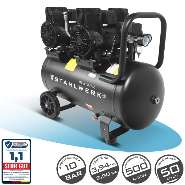 STAHLWERK Compresor ST-510 Pro con 10 bar | 3,94 CV | 2,9 kW | 500 l/min | Depósito de 50 L compresor de aire exento de aceite | compresor de pistón | compresor silencioso | compresor whisper con motores sin escobillas